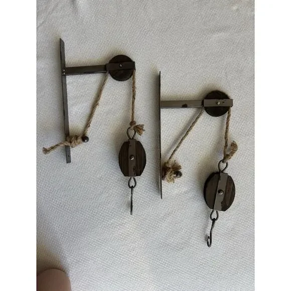 Pulley Mounting Brackets With Hook Rustic Vintage Inspired Metal Wood Twine Set - Picture 4 of 10